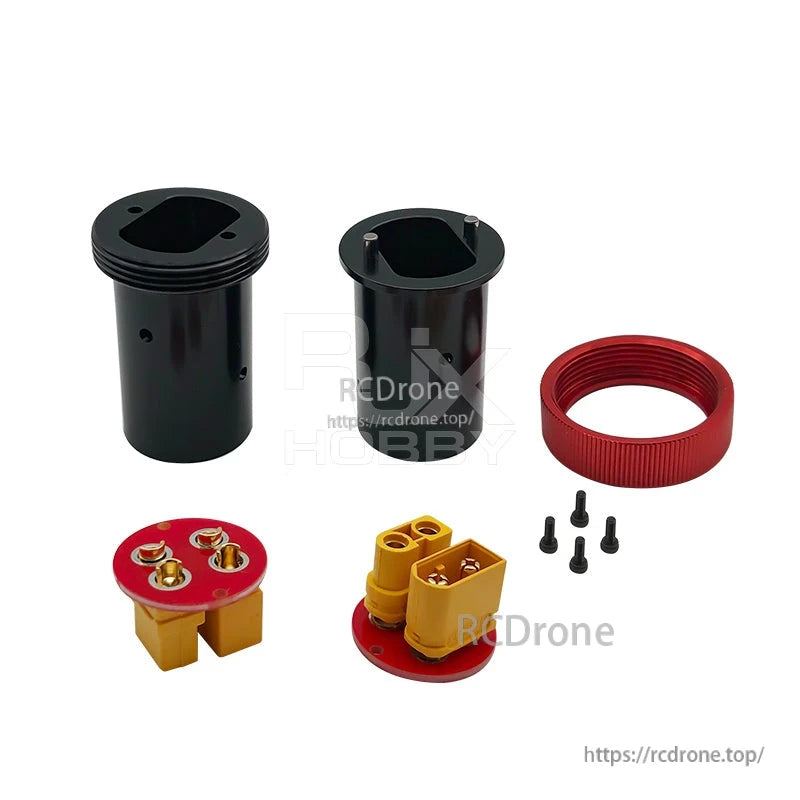 RJX 25mm CNC quick release plug connector kit with black housings, red threaded ring, power plugs, and screws