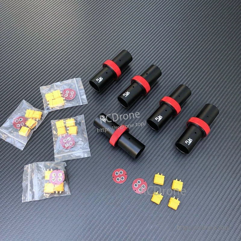 RJX 25mm CNC quick release plug connector set with black cylindrical housings, red locking rings, and yellow inserts