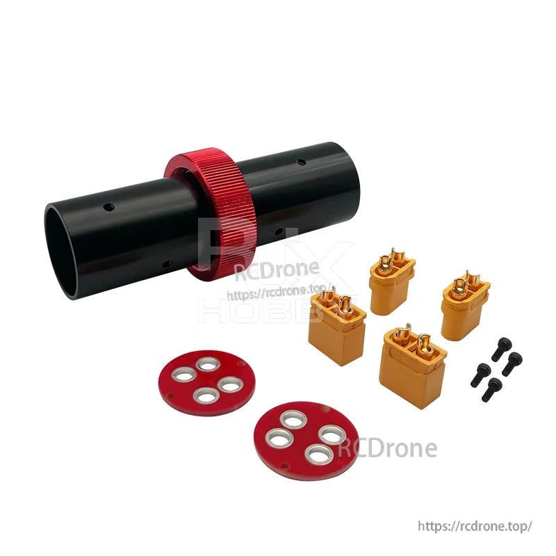 RJX 25mm CNC Quick Release Plug Connector, RJX CNC quick release plug connector with black tube, red locking ring, XT60-style connectors, plates and screws