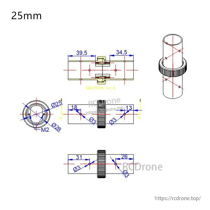 RJX 25mm CNC Quick Release Plug Connector, Technical drawing of a 25mm quick release plug connector with flange and key dimensions (Ø25, Ø28, 39.5/34.5mm).