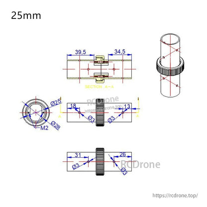 RJX 25mm CNC Quick Release Plug Connector, Technical drawing of a 25mm quick release plug connector with flange and key dimensions (Ø25, Ø28, 39.5/34.5mm).