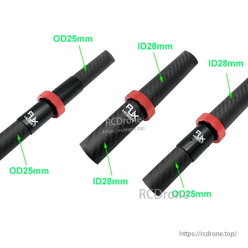 RJX 25mm CNC Quick Release Plug Connector, RJX quick-release plug connector with red locking collar on carbon fiber tube, labeled OD25mm and ID28mm