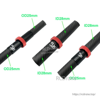 RJX 25mm CNC Quick Release Plug Connector, RJX quick-release plug connector with red locking collar on carbon fiber tube, labeled OD25mm and ID28mm