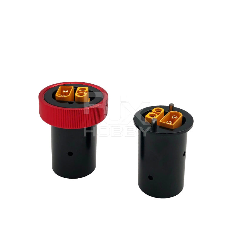 RJX 25mm CNC quick release plug connector set with cylindrical housings, red knurled ring, and dual power plugs