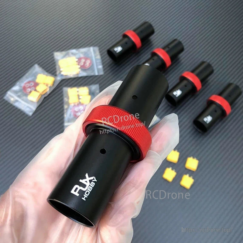 RJX 25mm CNC Quick Release Plug Connector, RJX Hobby CNC quick release plug connector with red knurled locking collar, black cylindrical body