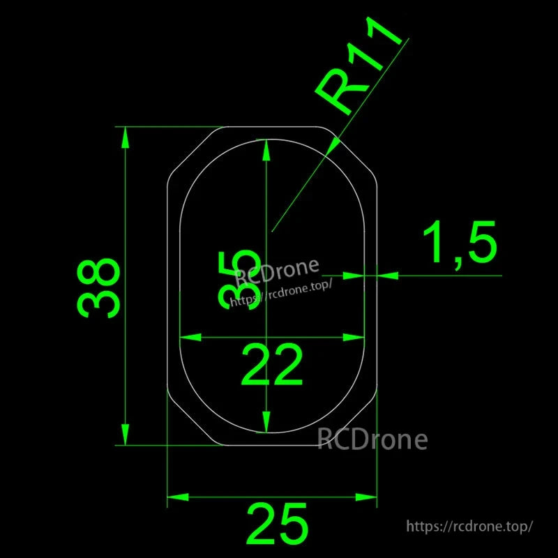 Technical drawing of RJX 25x38mm octagonal carbon fiber tube with 25mm width, 38mm height, 1.5mm wall and R11 corner radius