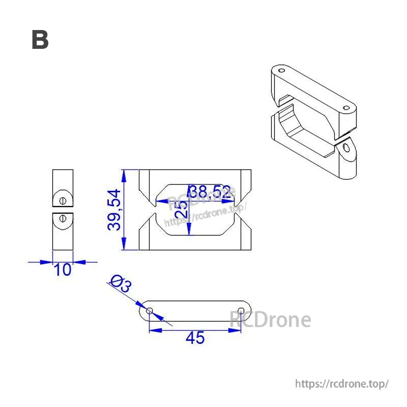 RJX 25x38x1000mm Octagonal Tube and Tube Clamp, Technical drawing of RJX octagonal tube clamp B with Ø3 mm mounting holes and 45 mm length dimensions