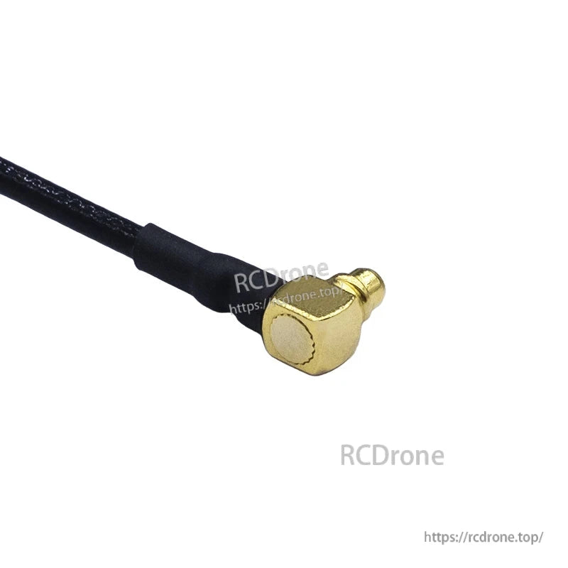 Close-up of an MMCX right-angle connector on a 5.8GHz FPV antenna cable for VTX setups