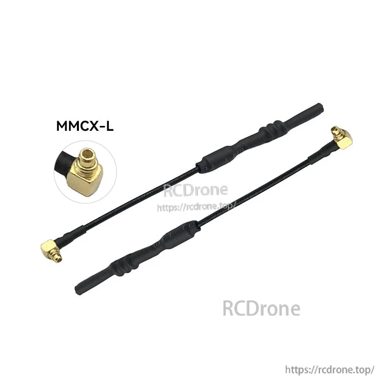 Pair of black long 5.8GHz FPV antennas with MMCX-L right-angle connectors for VTX setups