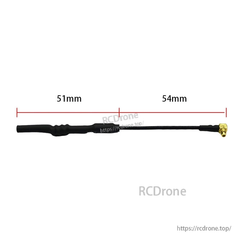 5.8GHz MMCX FPV antenna with coax lead and right-angle MMCX connector, with 51mm and 54mm length markers