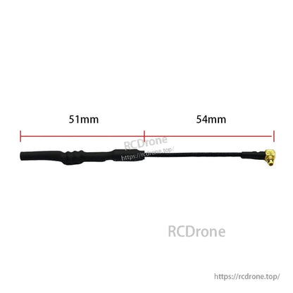 5.8GHz MMCX FPV antenna with coax lead and right-angle MMCX connector, with 51mm and 54mm length markers