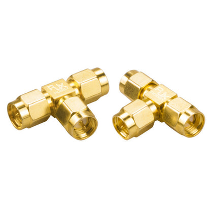 Two gold-plated SMA male triple T 3-way RF coaxial adapter connectors for splitting one SMA to two SMA