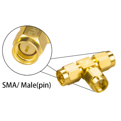 Gold-plated SMA male (pin) triple T 3-way RF coaxial adapter connector with three SMA male ends