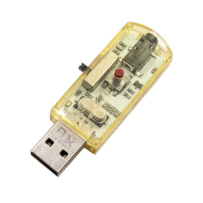 RJX USB RC flight simulator adapter dongle with USB-A plug, micro-USB port, and button in translucent yellow case