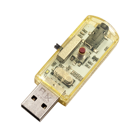RJX USB RC flight simulator adapter dongle with USB-A plug, micro-USB port, and button in translucent yellow case
