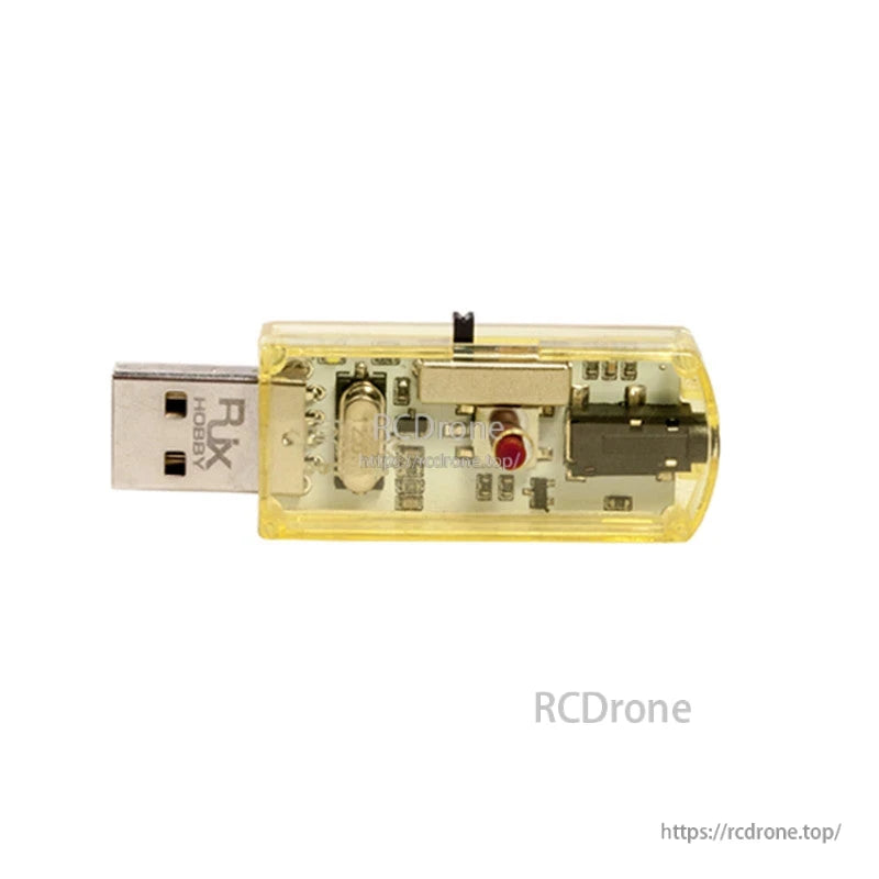 RJX USB flight simulator adapter dongle with translucent yellow case and RJX Hobby USB plug