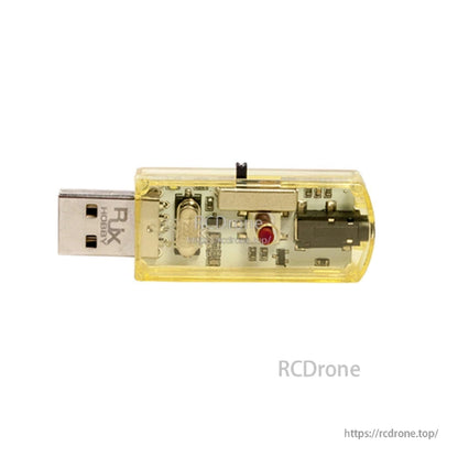 RJX USB flight simulator adapter dongle with translucent yellow case and RJX Hobby USB plug