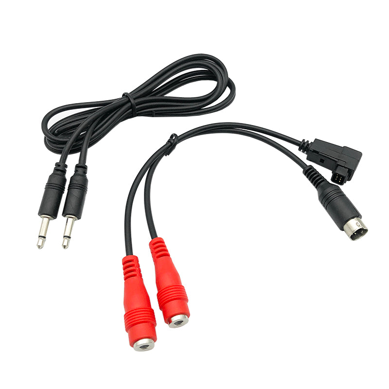 RJX RC flight simulator adapter cable with dual 3.5mm plugs, dual red RCA jacks, and DJI-style connector