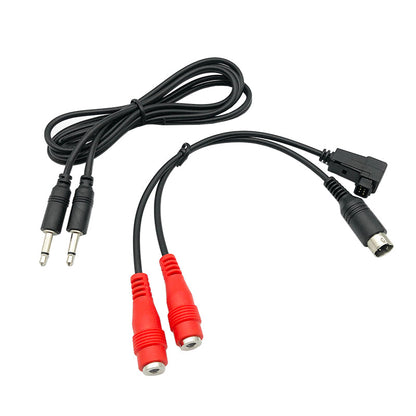 RJX RC flight simulator adapter cable with dual 3.5mm plugs, dual red RCA jacks, and DJI-style connector
