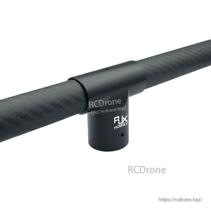 RJX Hobby black aluminum tee tube connector joint clamped on a carbon fiber landing gear tube