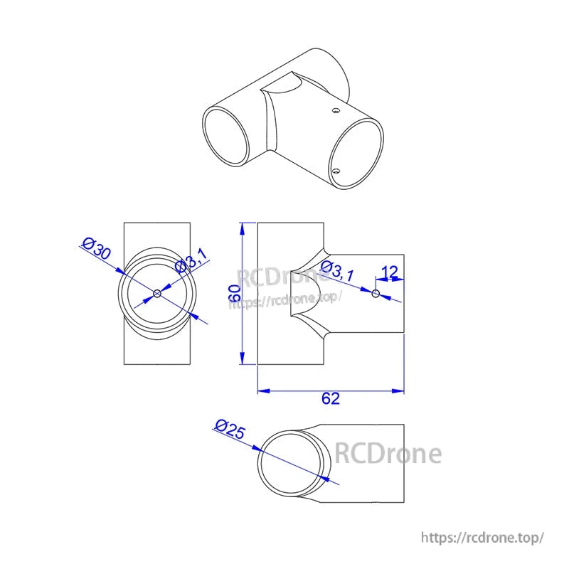 Technical drawing of RJX aluminum tee tripod tube connector joint for 30mm to 25mm drone landing gear tubes