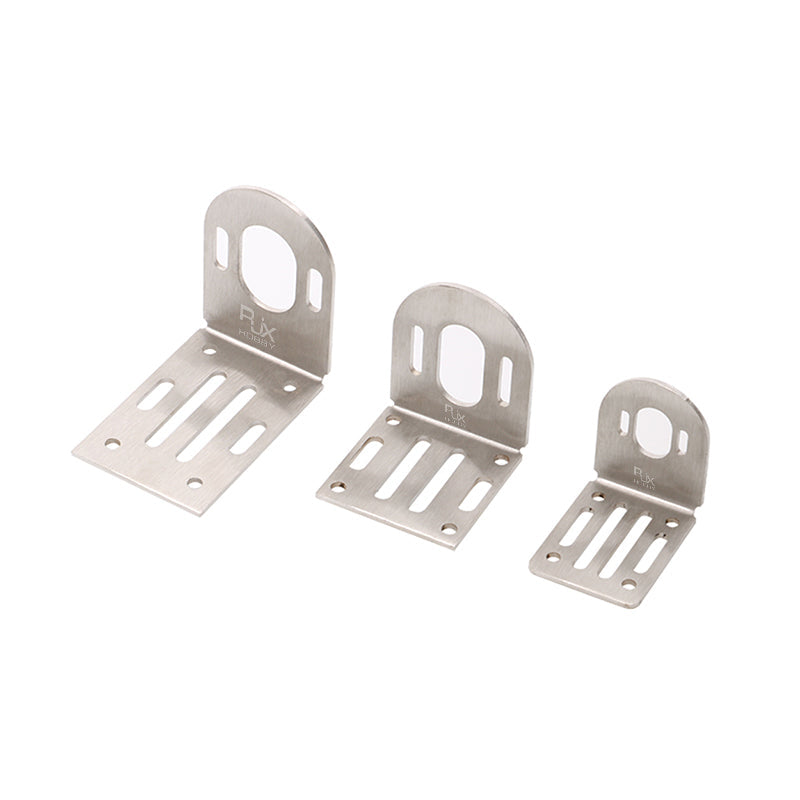 RJX 304 stainless steel motor mount brackets with slotted base and round motor cutout, set of three sizes
