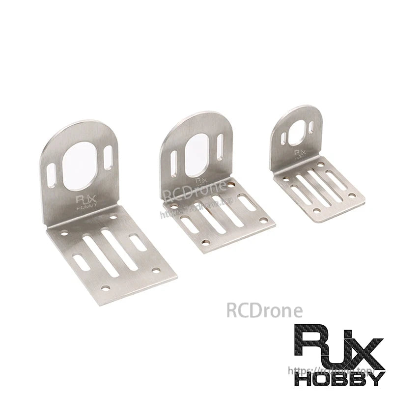 RJX 304 stainless steel motor mount bracket with L-shape design, slotted holes, and large round opening
