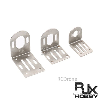 RJX 304 stainless steel motor mount bracket with L-shape design, slotted holes, and large round opening