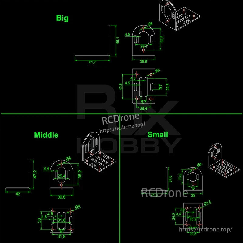 Dimension diagram of RJX 304 stainless steel motor mount bracket showing big, middle and small size measurements