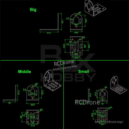 Dimension diagram of RJX 304 stainless steel motor mount bracket showing big, middle and small size measurements