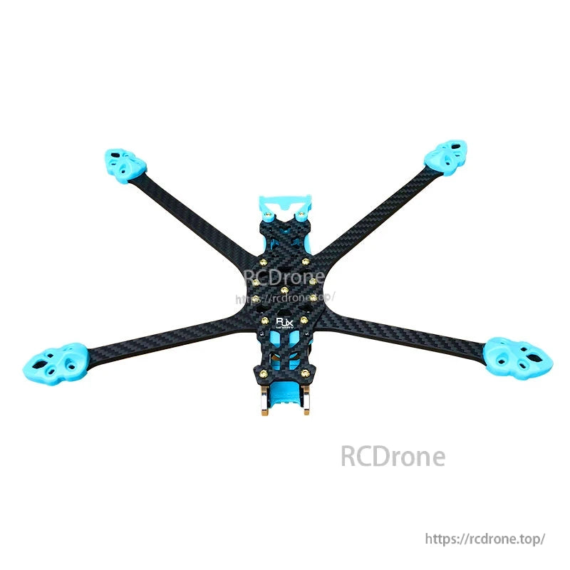 RJX 3D printed replacement parts installed on a carbon fiber quadcopter frame with blue arm-end mounts