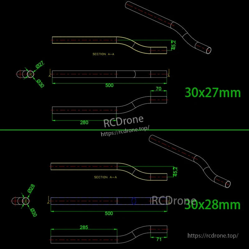 RJX 3K Carbon Fiber Bend Tube, Technical drawing of RJX carbon fiber bend tube for UAV drone arm, 500mm long, 30x27mm and 30x28mm options