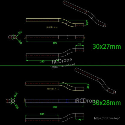 RJX 3K Carbon Fiber Bend Tube, Technical drawing of RJX carbon fiber bend tube for UAV drone arm, 500mm long, 30x27mm and 30x28mm options