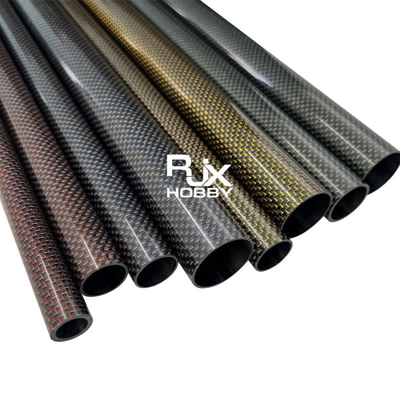 Assorted RJX 3K carbon fiber tubes with woven finish in multiple sizes and accent colors, open ends visible
