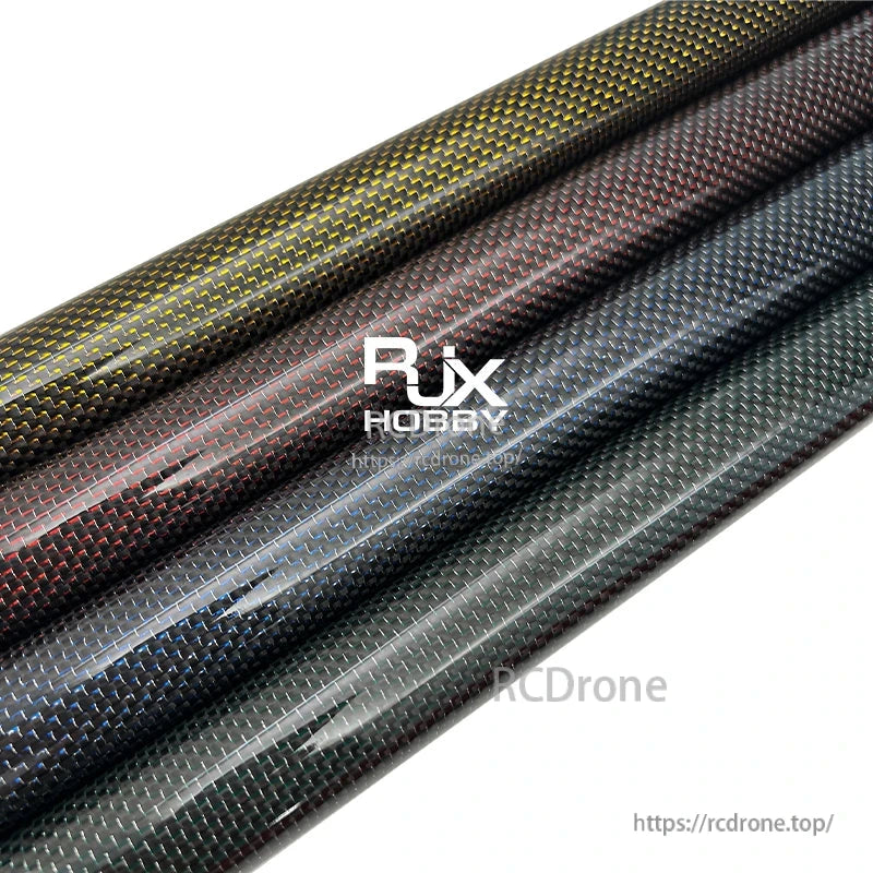 RJX 3K carbon fiber tube with glossy woven finish, shown in several color weave options