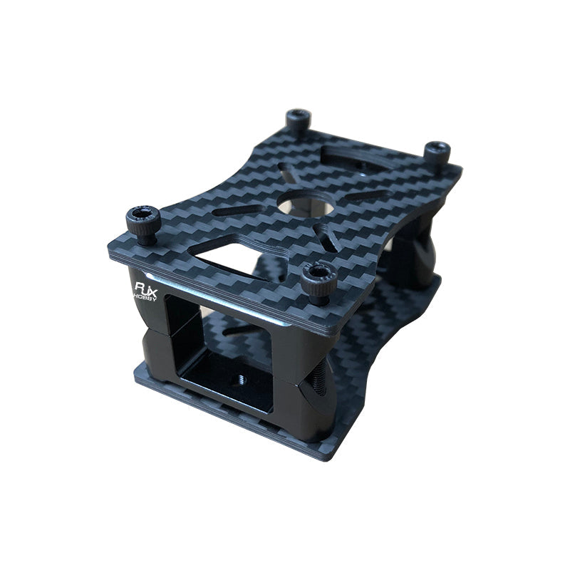 RJX carbon fiber tube clamp and motor mount bracket with stacked plates, four standoffs, and center mounting hole