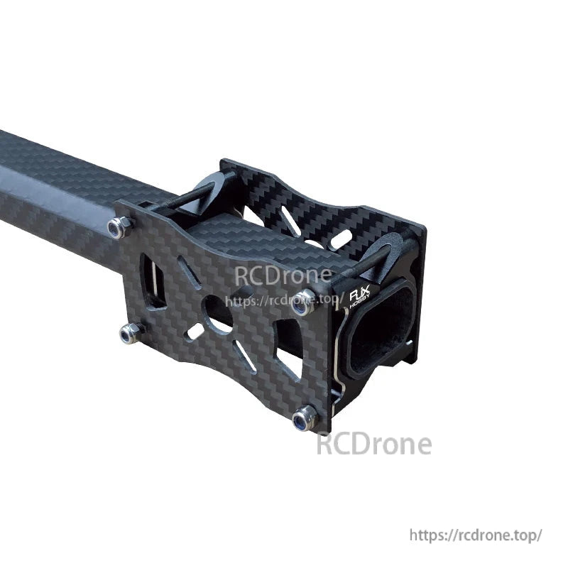 RJX carbon fiber tube clamp with motor mount bracket bolted to an octagon carbon tube, black weave finish