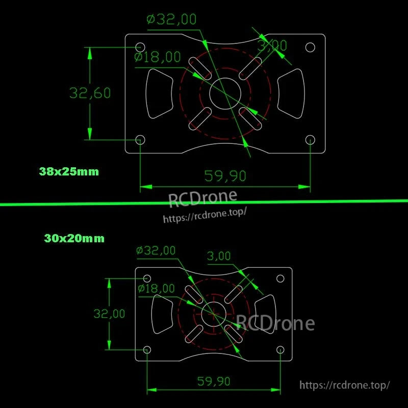 Dimension drawing of RJX 3K carbon fiber motor mount bracket for 38x25mm and 30x20mm octagon tubes