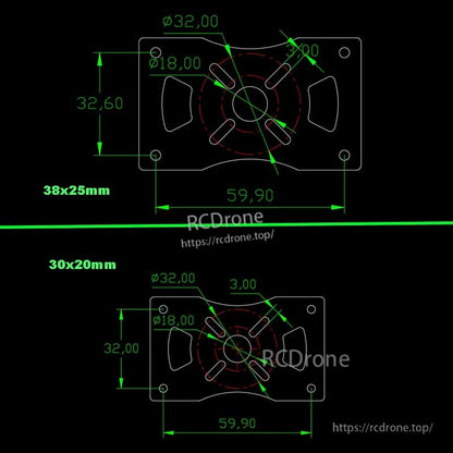 Dimension drawing of RJX 3K carbon fiber motor mount bracket for 38x25mm and 30x20mm octagon tubes
