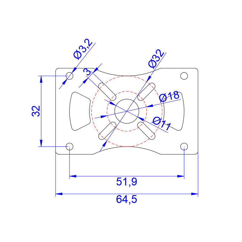 Technical drawing of RJX carbon fiber tube clamp motor mount plate, 64.5 x 32 mm with Ø3.2 mm holes