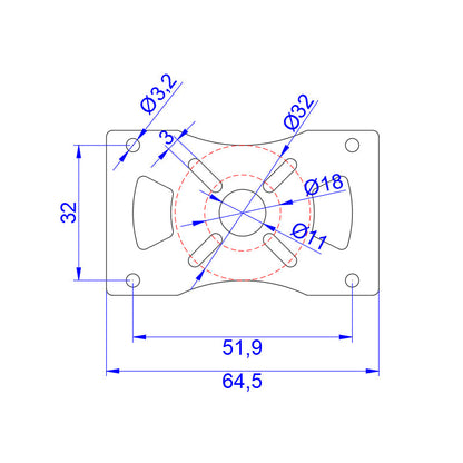 Technical drawing of RJX carbon fiber tube clamp motor mount plate, 64.5 x 32 mm with Ø3.2 mm holes