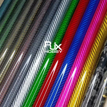 Assorted RJX colorful carbon fiber tubes with glossy weave finish in silver, green, red, blue, pink and gold