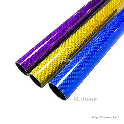RJX 3K Colorful Carbon Fiber Tube, Colorful carbon fiber tubes in purple, yellow, and blue with glossy woven finish