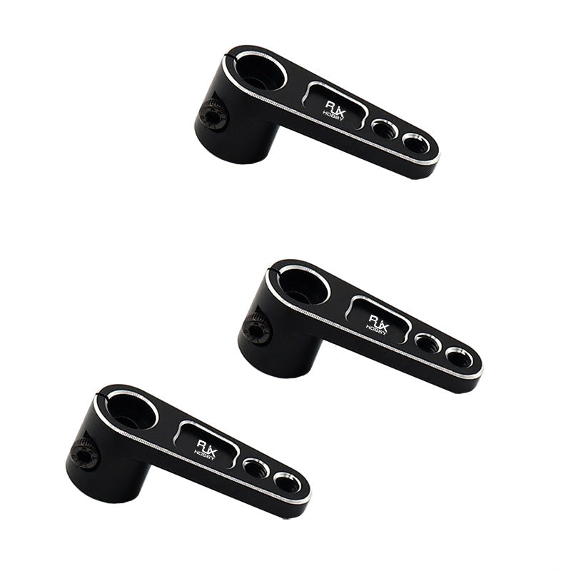 Three black RJX clamp-style aluminum servo horn steering arms with three linkage holes each for RC crawlers