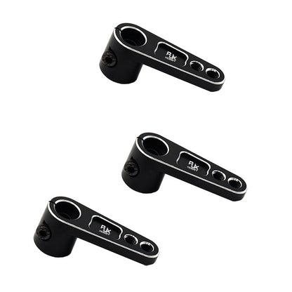 Three black RJX clamp-style aluminum servo horn steering arms with three linkage holes each for RC crawlers