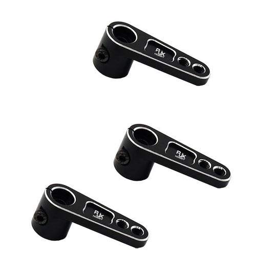 Three black RJX clamp-style aluminum servo horn steering arms with three linkage holes each for RC crawlers