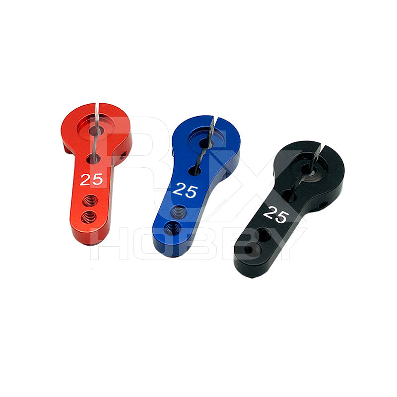 Set of three aluminum servo horn arms marked 25T in red, blue, and black with mounting holes