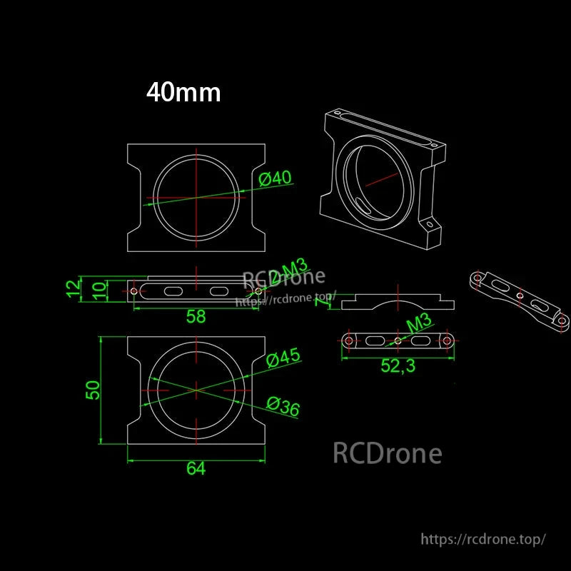 Dimensioned drawing of RJX 40mm aluminum step pipe clamp with Ø40 bore and M3 mounting slots