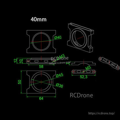 Dimensioned drawing of RJX 40mm aluminum step pipe clamp with Ø40 bore and M3 mounting slots