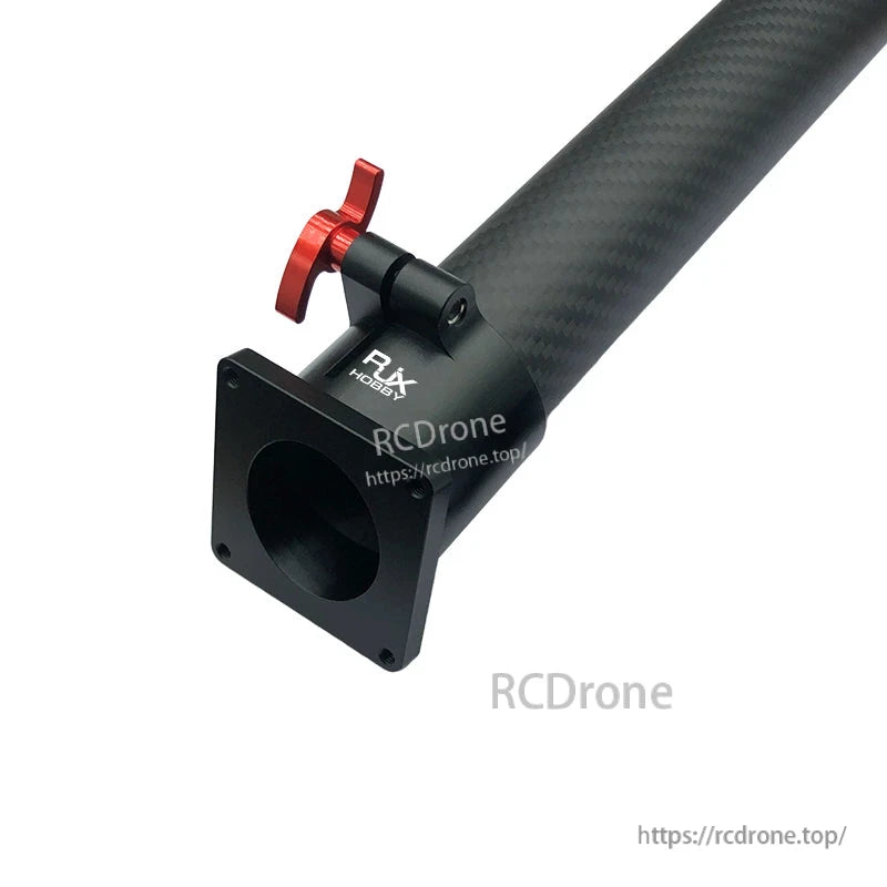 RJX Hobby quick-release landing gear connector clamp on a carbon tube, with red locking lever and square base plate